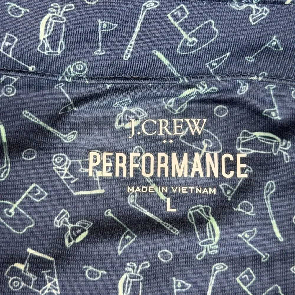 J. CREW Performance Polo Shirt Men L Blue All Over Golf Bag Tee Cart Trophy Club